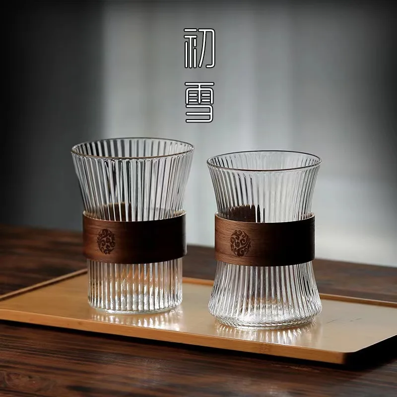 1pc 300ml Glass Coffee Mug Walnut Cup with Wooden Sleeve Japanese Style Stripe Glass Cup Drinkware Gifts Tea Beer Latte Mugs
