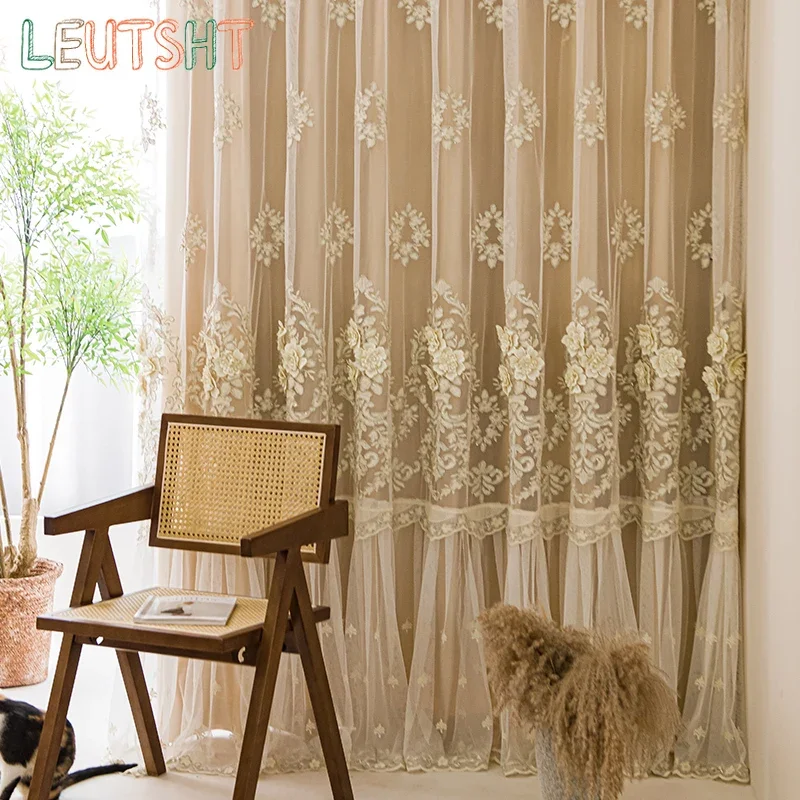 French Curtains for Living dining Room Bedroom Light Luxury Double-layer Embossed Lace tulle Milk Tea Curtains Window