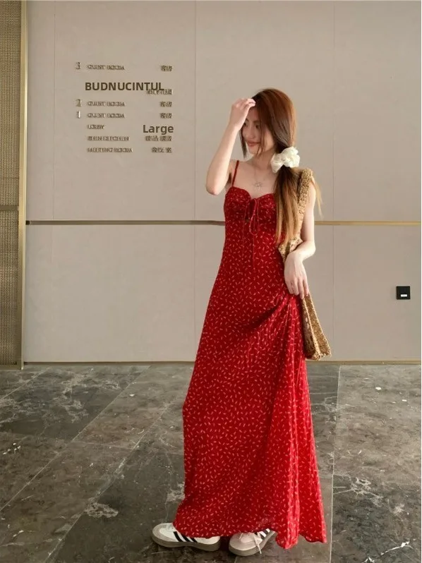 Korean Style Pure Desire Red Floral Print Halter Dress Women's Spring 2026 New Waist Cinching A-Line Slimming Long Dress