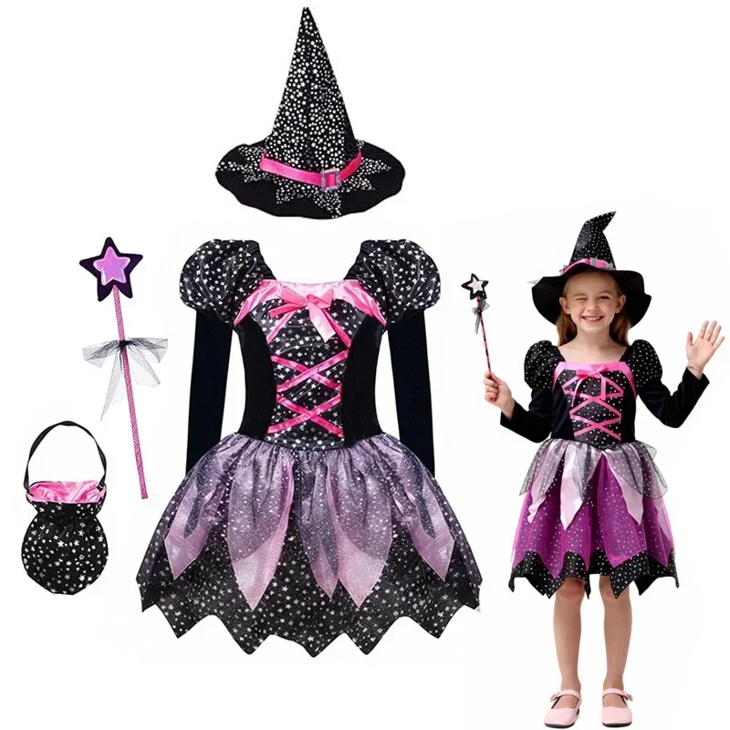 Kinder-Rollenspielkleid für Mädchen, Halloween-Cosplay-Kleid, Hexen-Vampir-Kostüm mit Accessoires für Karneval-Verkleidungspartys – Detail 3