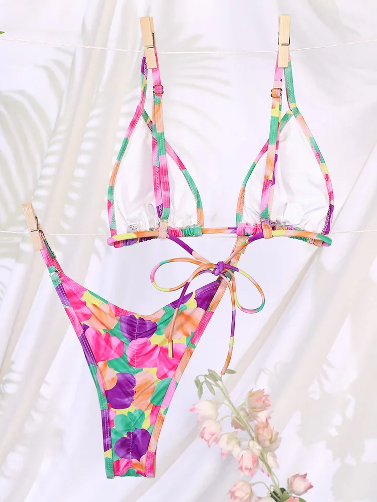 Sexy Bikinis Micro Thongs Swimsuit Women Bathing Suit Rings Biquini Bandage Beachwear Print Swimwear Sexy Bikini Sets With Chain