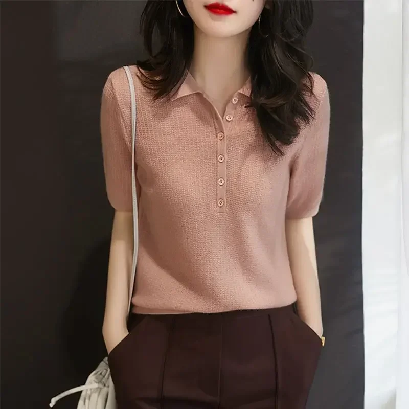 Yellow Polo Neck Shirt Button Knit Pink Women\'s T Shirts Plain Top Clothes Short Sleeve Tee New Synthetic Aesthetic Summer 2025