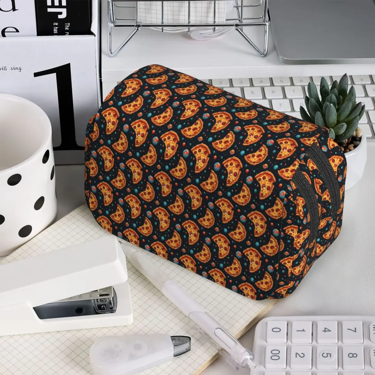 Pizza In Space Pattern Cosmic Foodie Whimsical Pizza Lover's Artwork Pencil Case Pen Box Stationery Supplies Pen Holder Bag