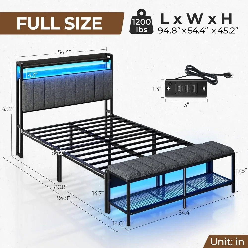 Full Bed Frame with Charging Station & LED Lights, Upholstered Headboard with Storage Shelves, Heavy Duty Metal Slats