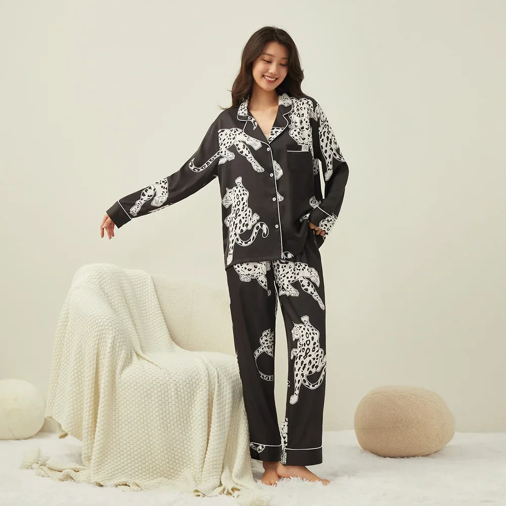 Secret Leopard series women\'s pajamas, long-sleeved trousers, ice silk loungewear, two-piece set pijama mujer  pijamas women