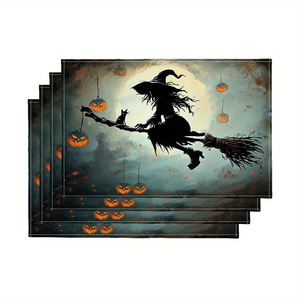 Set of 4 Spooky Halloween Witch And Jack-O'-Lantern Placemats Terrifying Halloween Witch And Pumpkin Designs