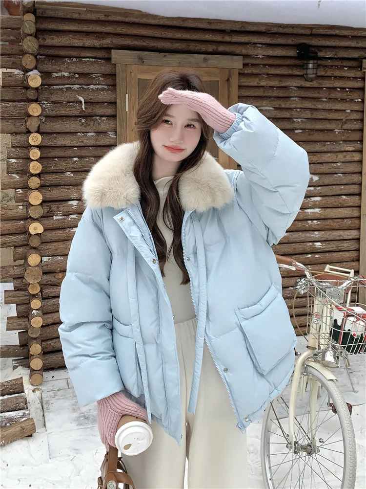 ブルーのレディースダウンジャケット、大きなファー襟付き、ダウン入りコート、冬用、韓国風、超美品、小さいサイズ