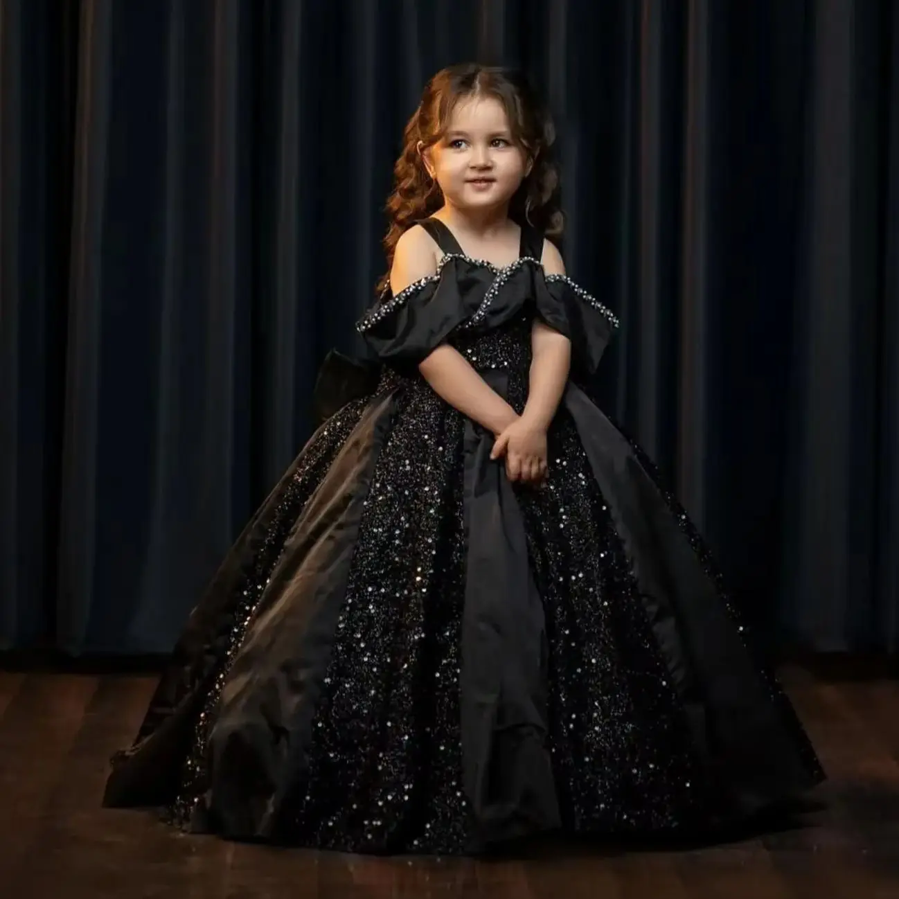 Customized Black Flower Girl Dress for Wedding Satin Sequins Shiny Kids Birthday Party First Communion Ball Gowns