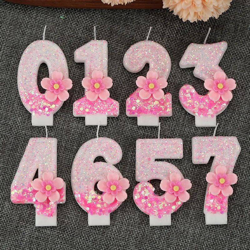 Wechselnde Geburtstagskerze, Kuchendekoration, Farbe, kreative Zahl 0–9, Kerze, Blumen, digitale Kerzen, Mädchen-Geburtstagsparty-Dekoration