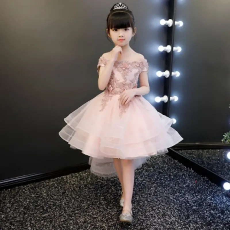 New Pink Lace Princess Dress Shoulderless Birthday Party Wedding Appliques Ball Gown Elegant Formal Girls First Communion Gown