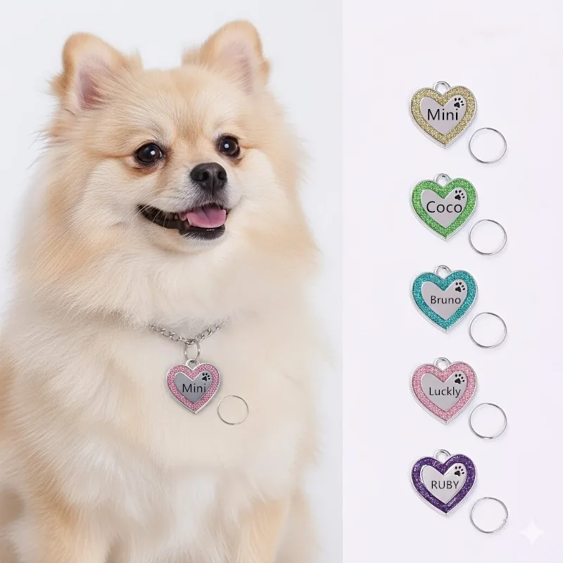 Customizable Dog Collar Address Tag,Personalized Engraved Dog ID Name Tag Pet Accessories Love Glitter Pendant for Cats and Dogs