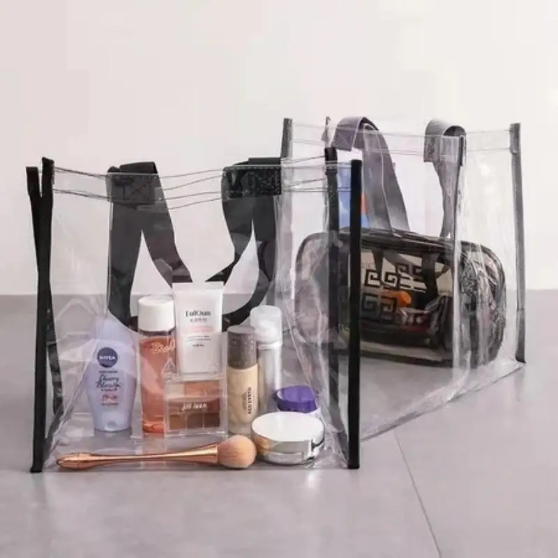 Women PVC Transparent Tote Shoulder Bag Clear Handbag Shopping Bag Large-Capacity Portable Jelly Bag For Study Supplies Bag