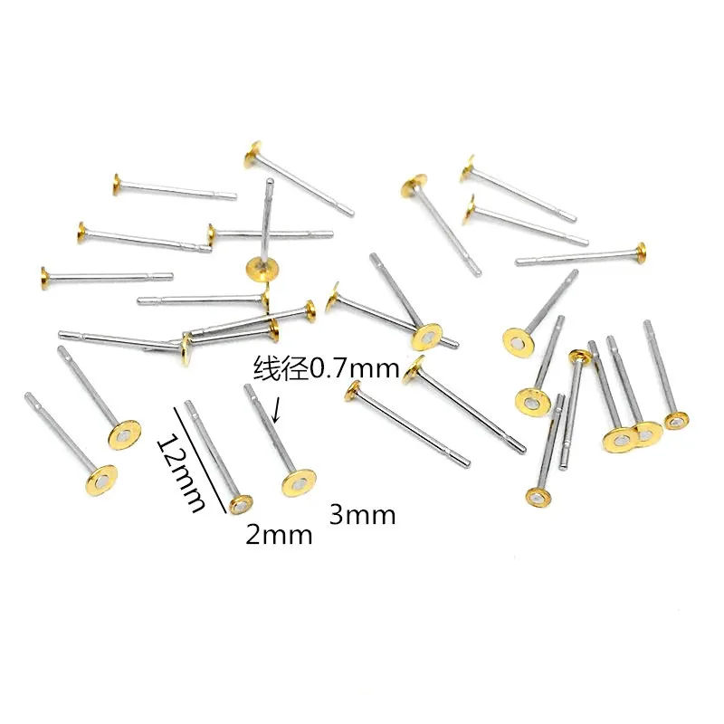 200pcs/lot 304 Stainless Steel Hypoallergenic 2 3mm Flat Blank Pad Earring Stud Post Pin for DIY Cabochon Jewelry Making Crafts