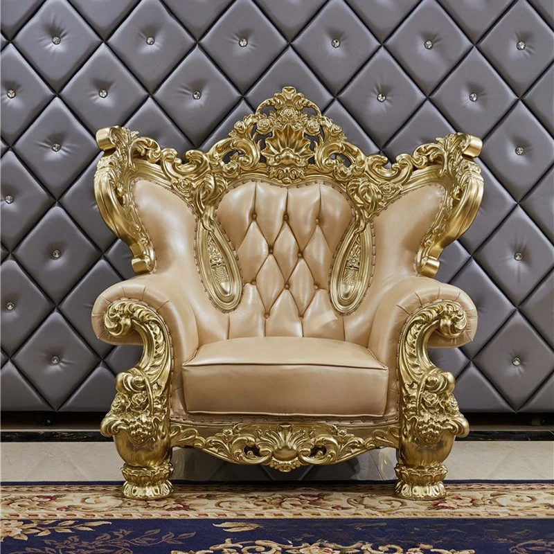 Leather sofa solid wood double-sided carved villa living room