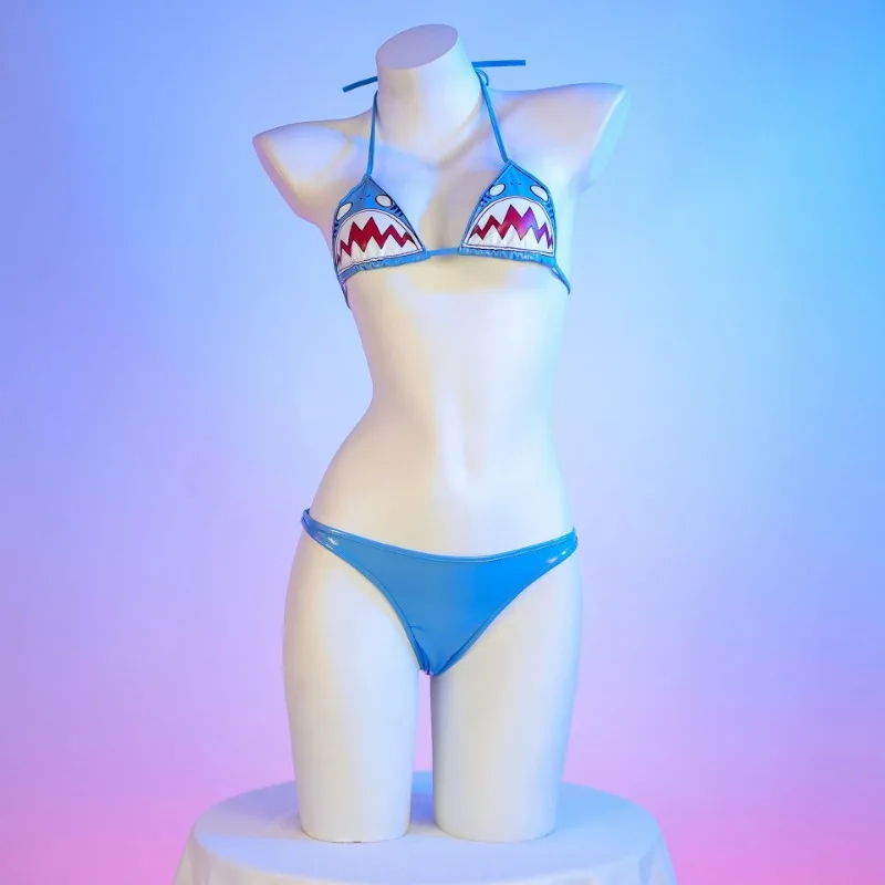 Conjunto de Bikini de charol para mujer, traje de baño Sexy de Anime, ropa interior sin espalda, Cosplay de tiburón y Boca Grande