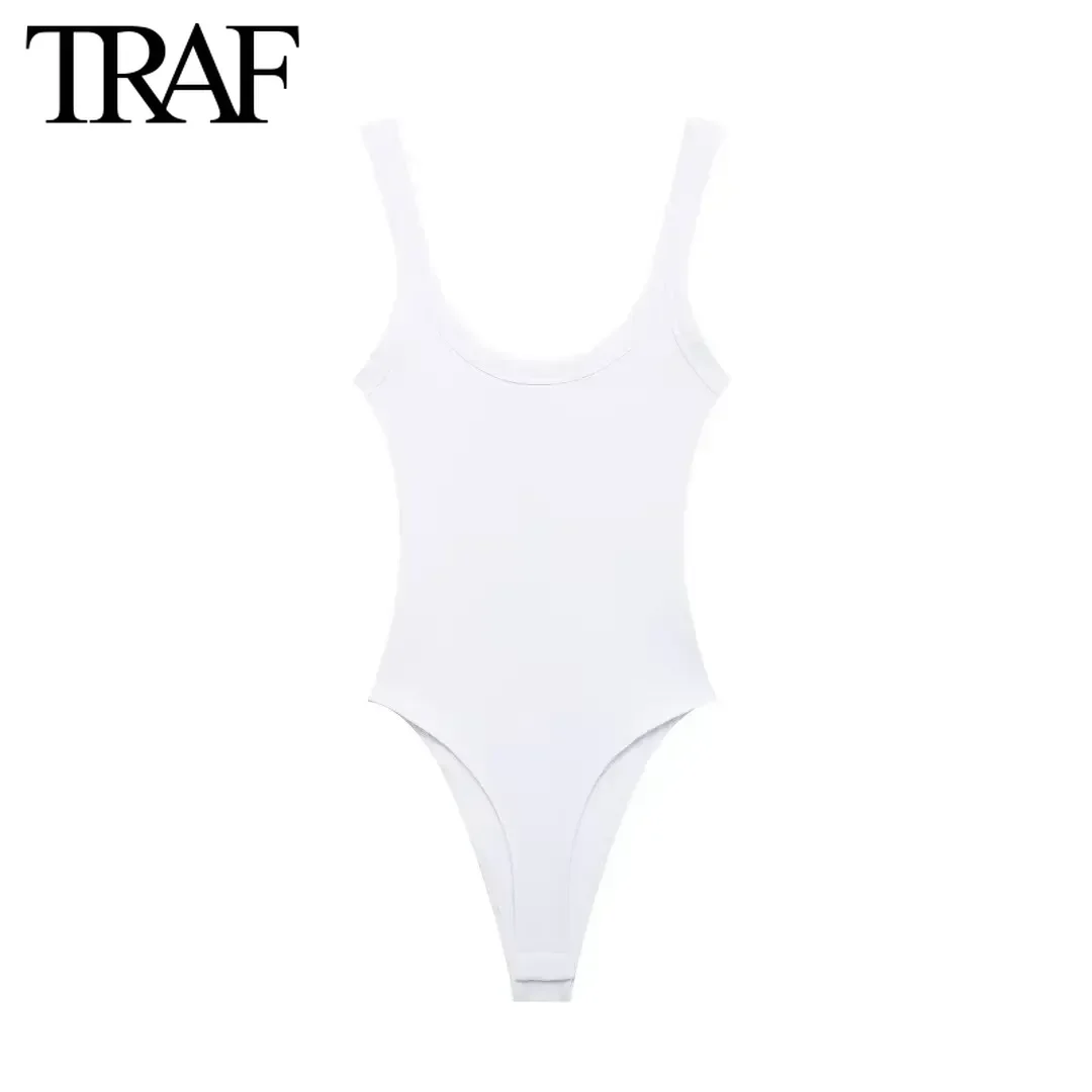 TRAF Women Fashion Summer New White Solid Color Ribbed Sling Round Neck Sexy Tights Jumpsuit Chic Female Bustier Tops Mujer