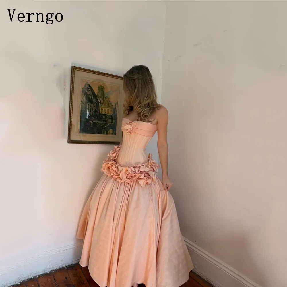 

Verngo Orange Satin Strapless A Line 3D Flowers Prom Gowns Maxi Formal Dresses Elegant Prom Party Gowns Customized