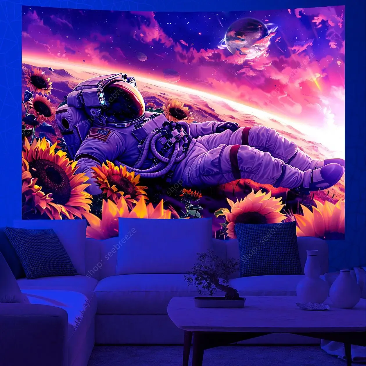 Space Astronaut UV Reactive Tapestry Psychedelic Flower Wall Funny Tapestry Hippie Neon Backdrop for Bedroom Aesthetic Curtain