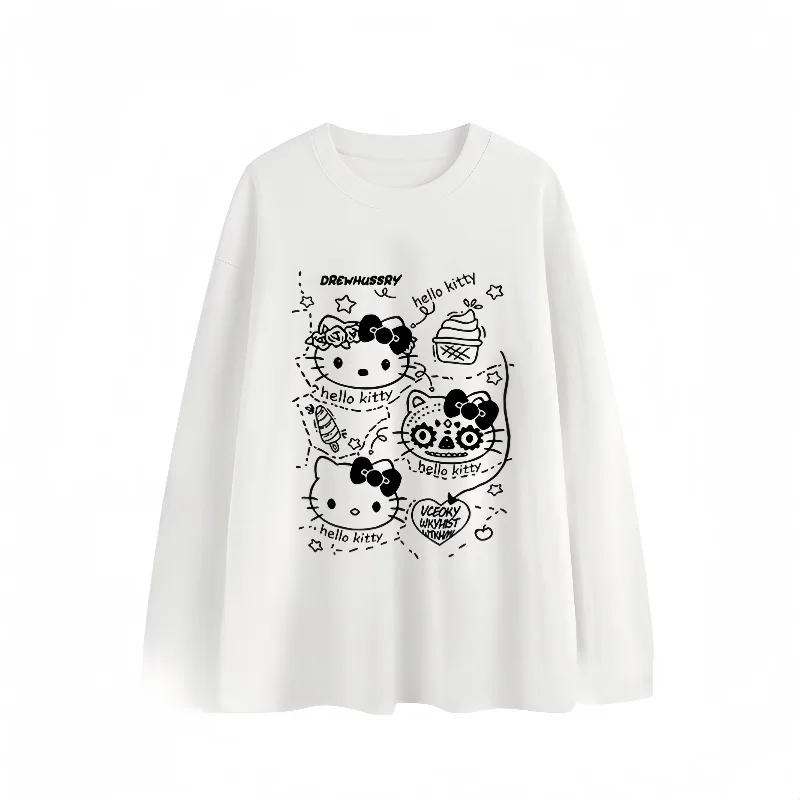 

Симпатичная женская осенняя футболка с круглым вырезом и длинными рукавами HelloKitty с 3D-принтом, свободный и универсальный быстросохнущий топ, модный