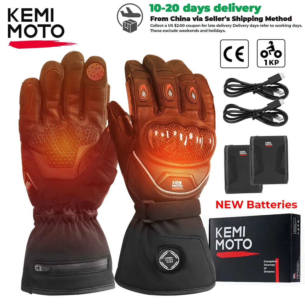 

KEMIMOTO Winter Leather Moto Heated Gloves Motorcycle Waterproof Touch Screen Ski Camping Heated Gloves Battery Motorbike