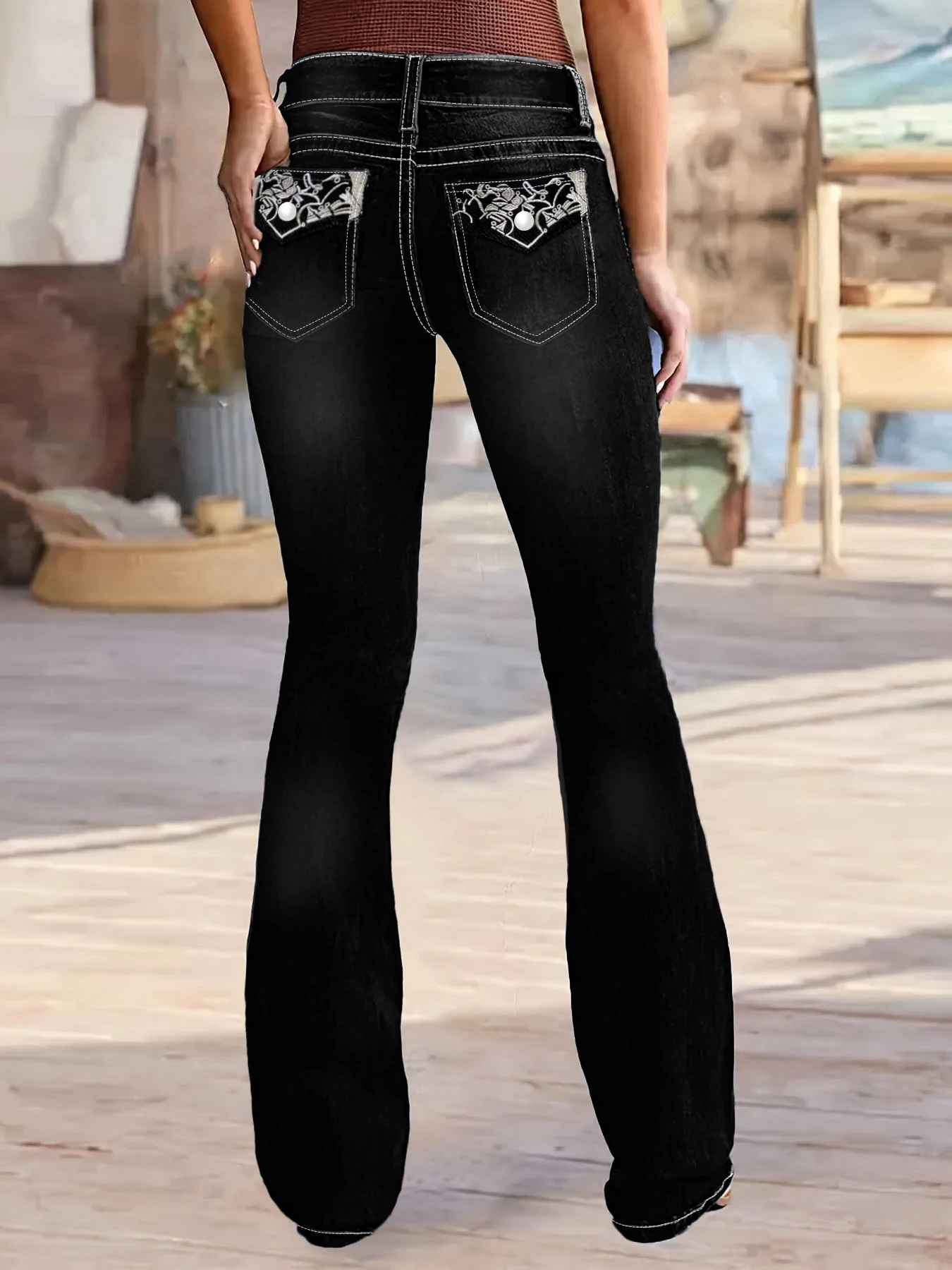 여성용 하이웨이스트 청바지, 블랙 그레이 색상, 뒷주머니에 라인스톤 장식, 하이웨이스트 약간 플레어한 청바지, 캠퍼스, 직장에 적합