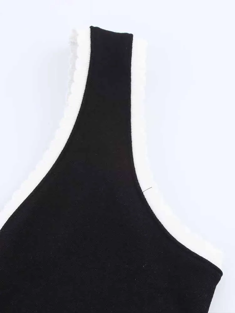 ยุโรปและสไตล์อเมริกันฤดูร้อนใหม่ผู้หญิงแฟชั่น backless Contrasting ชั้นถัก V คอชุดกระโปรง