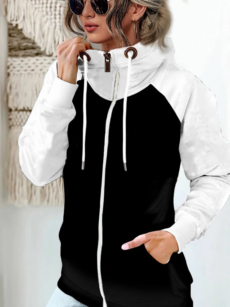 Thick Thermal Patchwork Woman Hooded Pockets Winter Plus Size Contrast Color Zipper Hooded Women's Hoodie Drawstring Lady Coats
