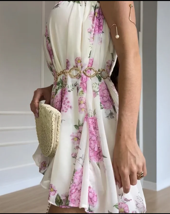 Flower Print Cold Shoulder Sleeveless Jumpsuit (With Belt) for Summer Ladies, Elegant High Waisted Diagonal Collar Jumpsuit