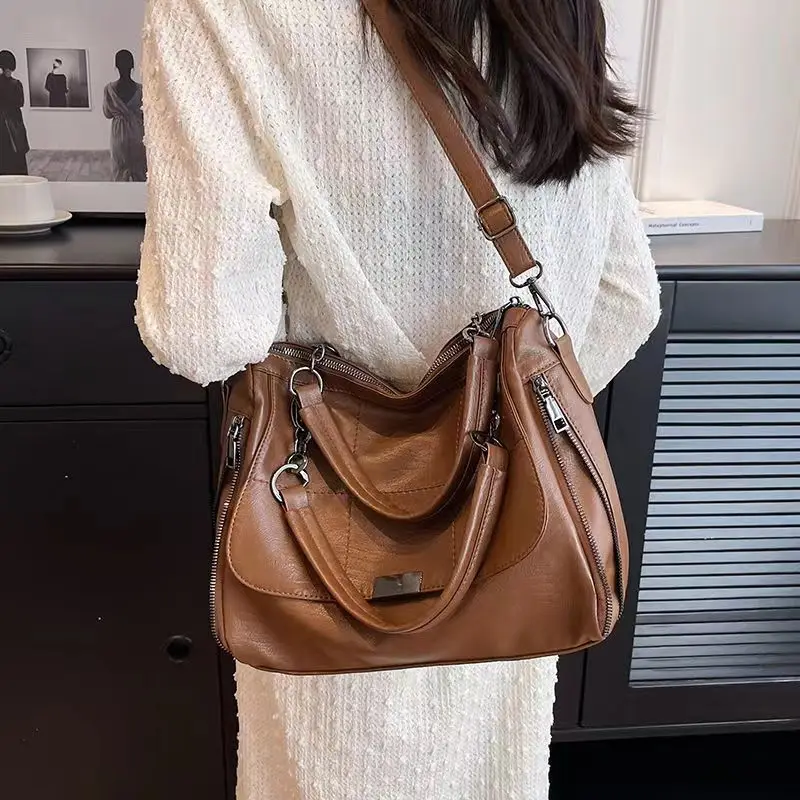 

High Quality Shoulder Women's Bag Large Capacity Fashion Crossbody Bag Solid Color Soft Leather Handbags Commuter Tote Bags