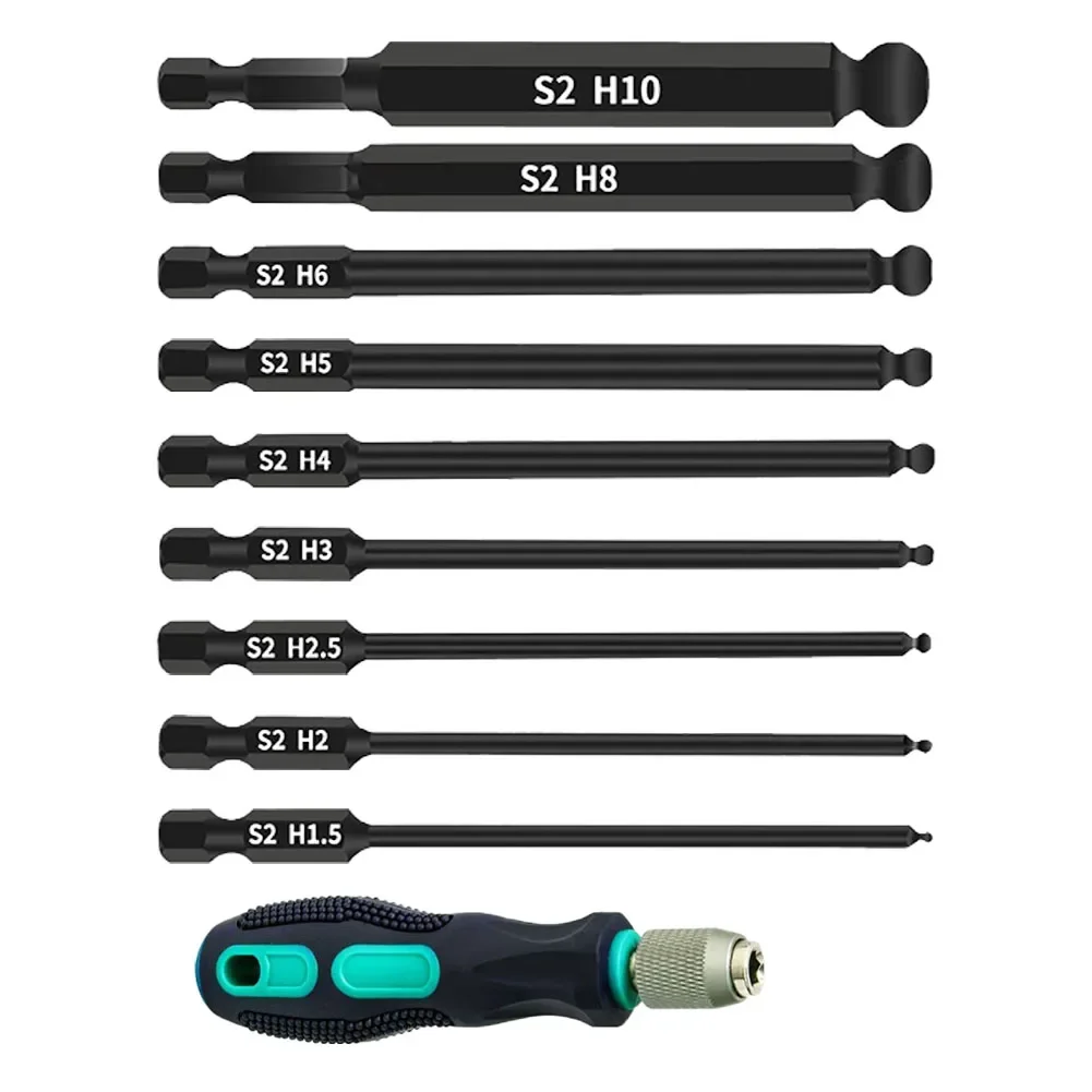 Convenient 100mm Ball End Hex Bit Set Magnetic Ball Head Screwdriver Bit 1/4 Inch Hex Shank 9 Sizes for Easy Adjustment