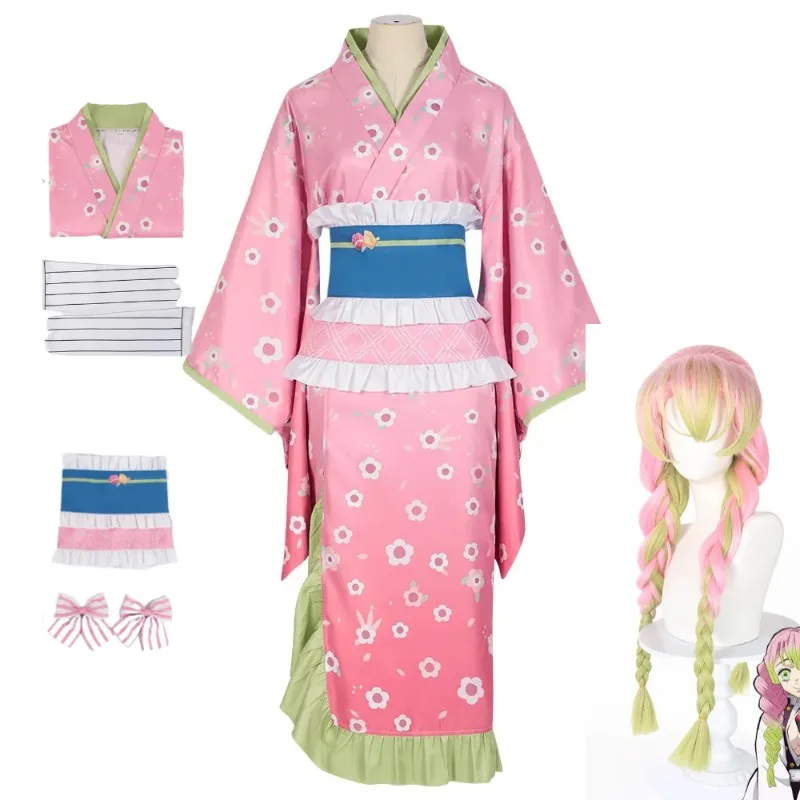 

Anime Kimetsu No YaibaKanroji Cosplay Kanroji Japanese Style Kimono Mitsuri Pink Dress Set Wig Cherry Blossom Season Clothes