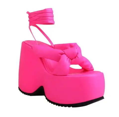 Hot Pink Green Leather Cross Tied Thick Sole Platform Summer Wedge Sandals Ladies Bow Tie Ankle Wrap High Heel Leisure Shoes