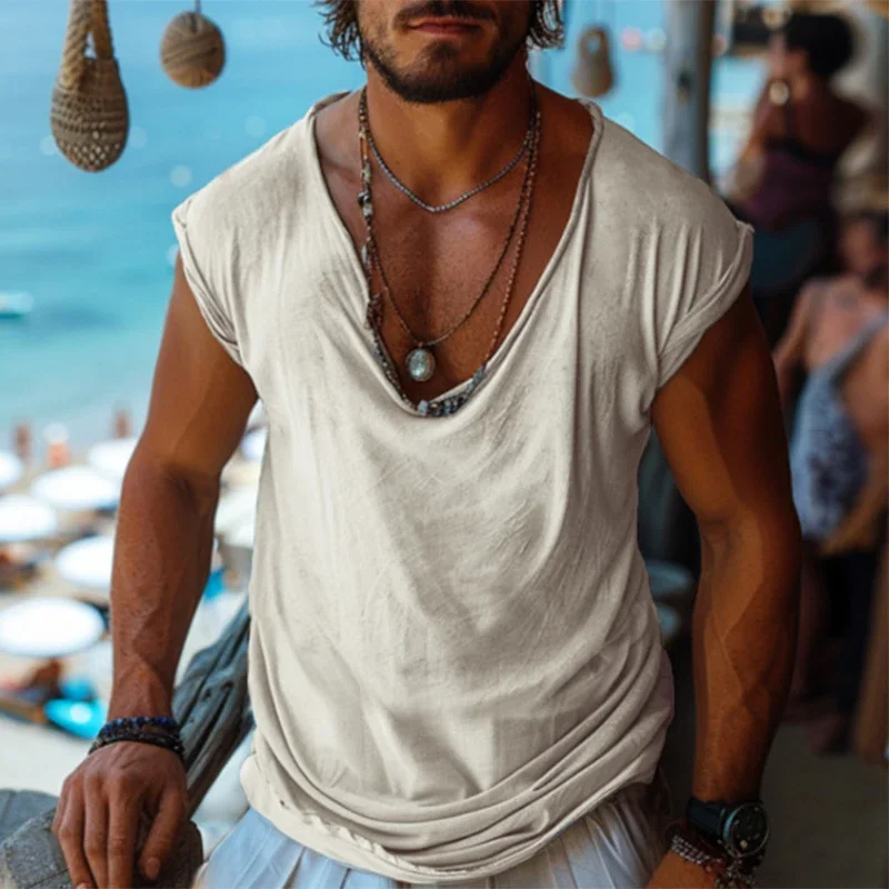 

Мужские свободные майки для пляжа, свободные однотонные повседневные Пуловеры большого размера с V-образным вырезом, лето 2024