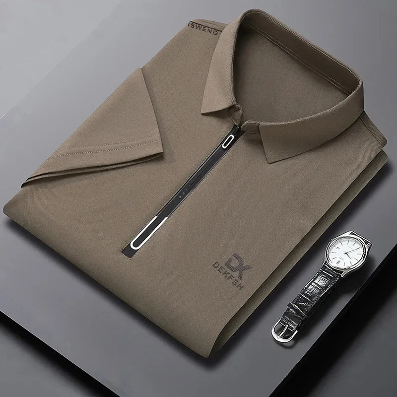 New Men's Business Casual Zipper Short Sleeve Solid Color Polo Shirt Fashionable Warm Comfortable Four Seasons Versatile Top