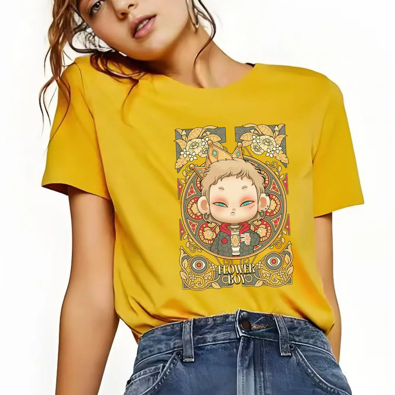 

Новая модная повседневная футболка с мультяшным принтом и короткими рукавами, подходящая для всех сезонов, модная и универсальная женская футболка