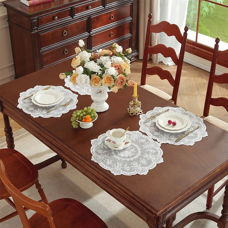 Placemats Lace Table Mat Fabric Washable Individual Round Dining Table Placement Decor Place Settings Placed Table Cup Coaster