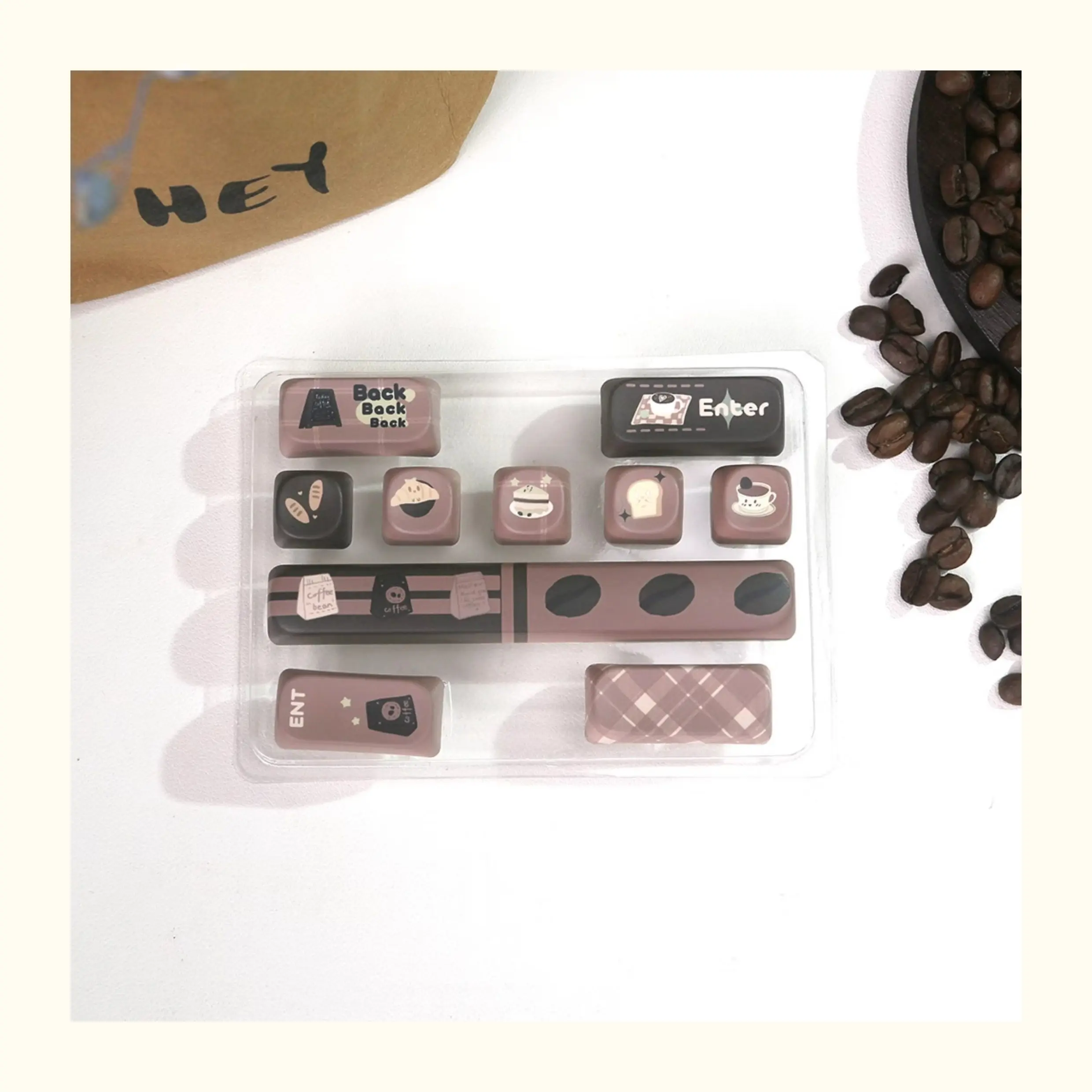 10PCS Cute Coffee Bakery PBT Keycaps Set Chocolate Brown Enter Arrow Keycap Set for Mechanical Keyboard Custom
