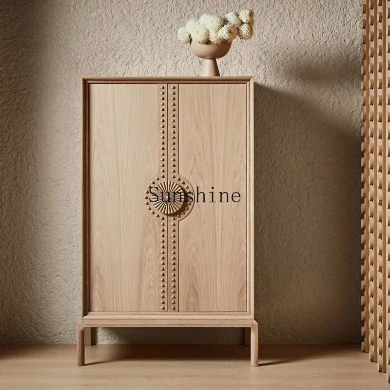 

Simple log wind porch cabinet hand-carved solid wood shoe cabinet FT