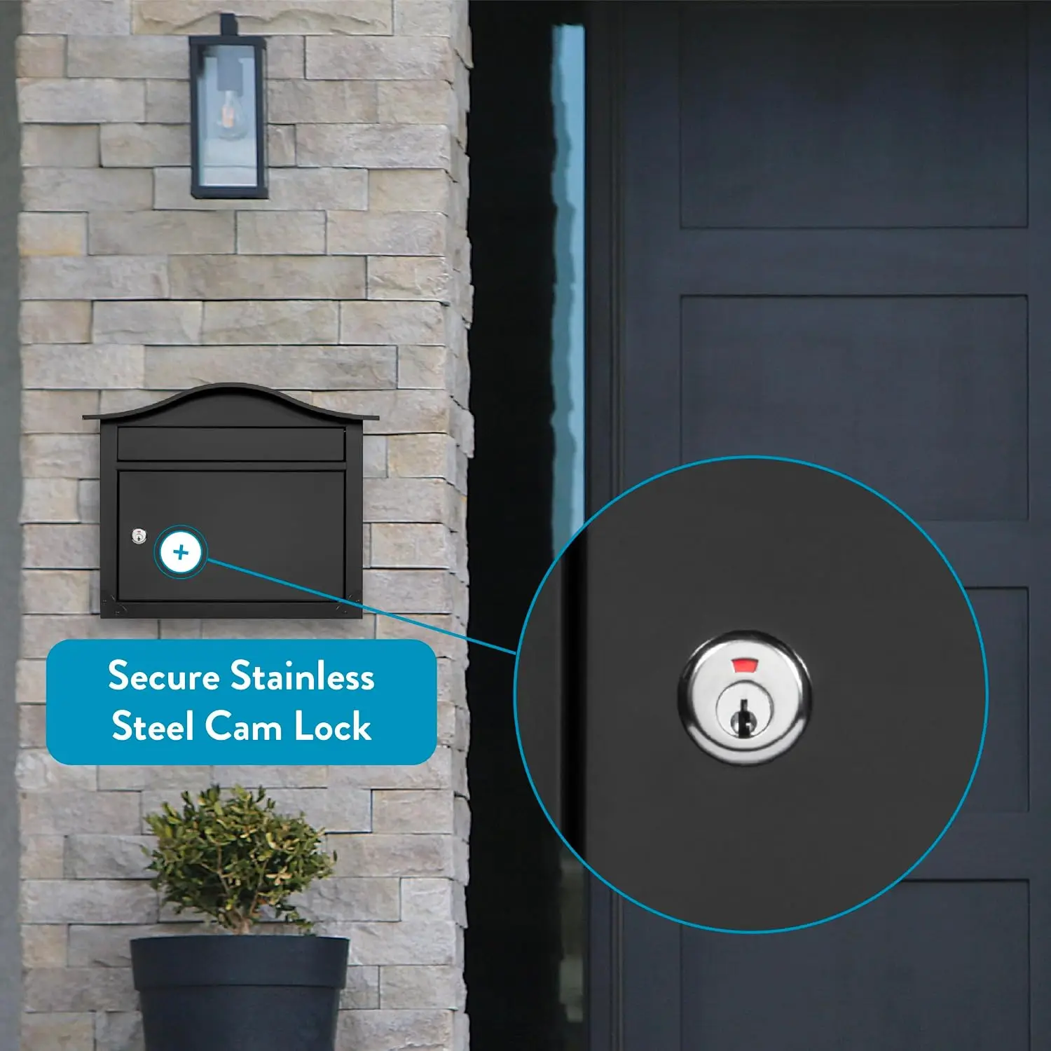 Saratoga Wall-Mount Lockable Mailbox in Black | Galvanized steel build with a steel cam lock and key drop box and weather-resist
