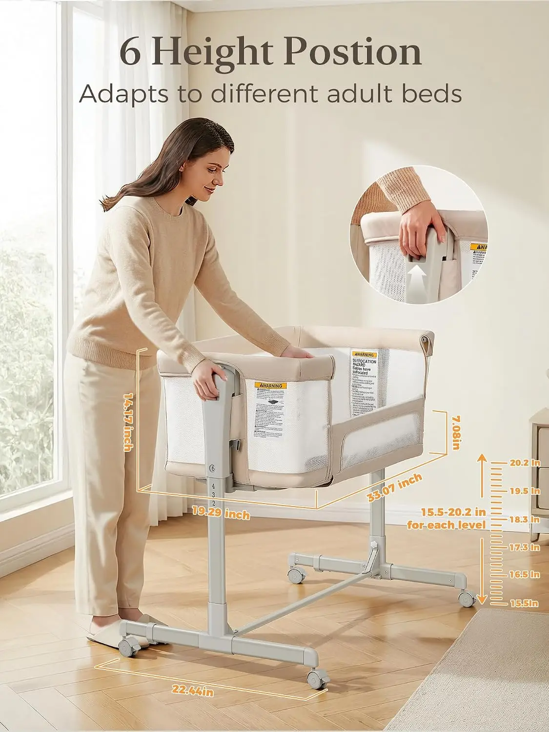 Baby Bassinet Bedside Sleeper 3-in-1, Easy Night Feeding with One-Side Fold & Rolling Wheels, Breathable Mesh, 6-Height Adjustab