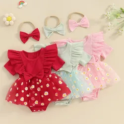 Baby Girl Bodysuit 2 Piece Outfits Daisy Print Ribbed Short Sleeve Mesh Romper Dress with Cute Headband Set Summer Clothes