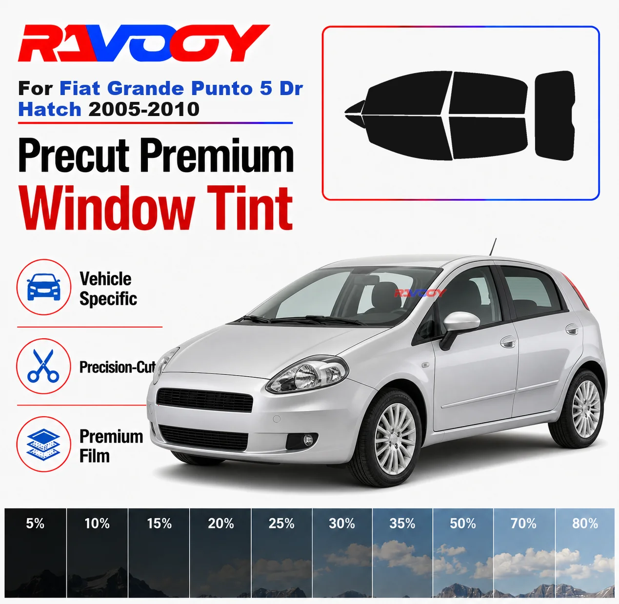 

Premium Precut Window Tint Kit Front Rear Windows Rear Windshield For Fiat Grande Punto 5 Dr Hatch 2005-2010 Nano Ceramic Film