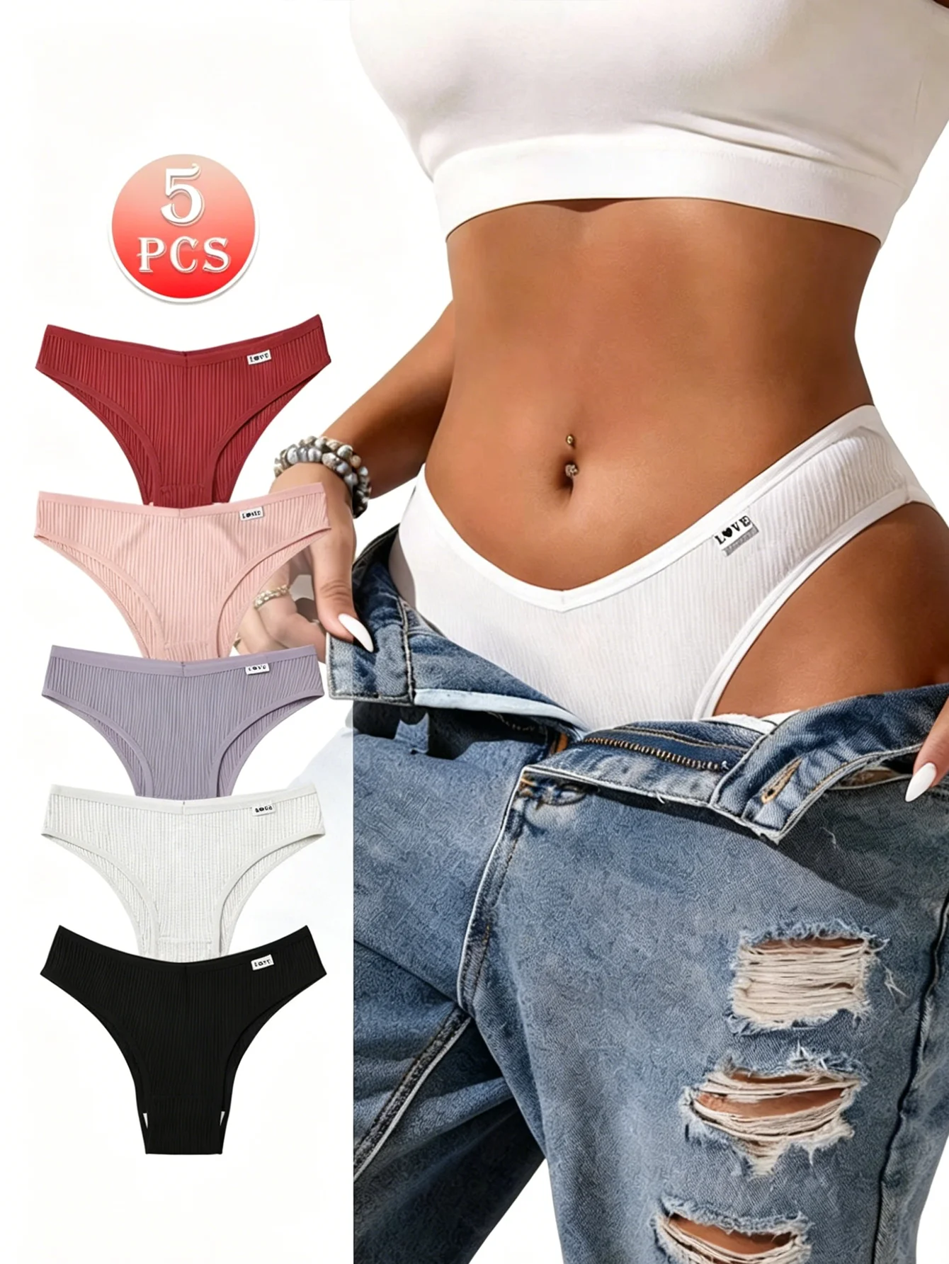 5 Stück/Packung Damen-Slips mit niedrigem Bund, niedriger Taille, niedlichem Aufdruck und Buchstaben-Design, hochelastisch – Detail 1
