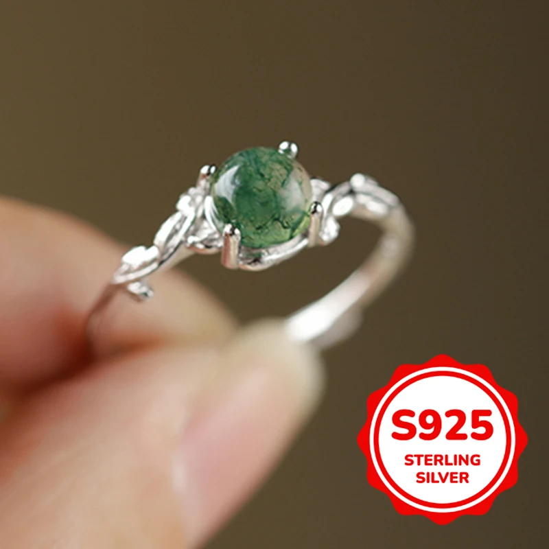

S925 authentic sterling silver green moss ring aquatic plants unique and elegant European and American style retro light luxury