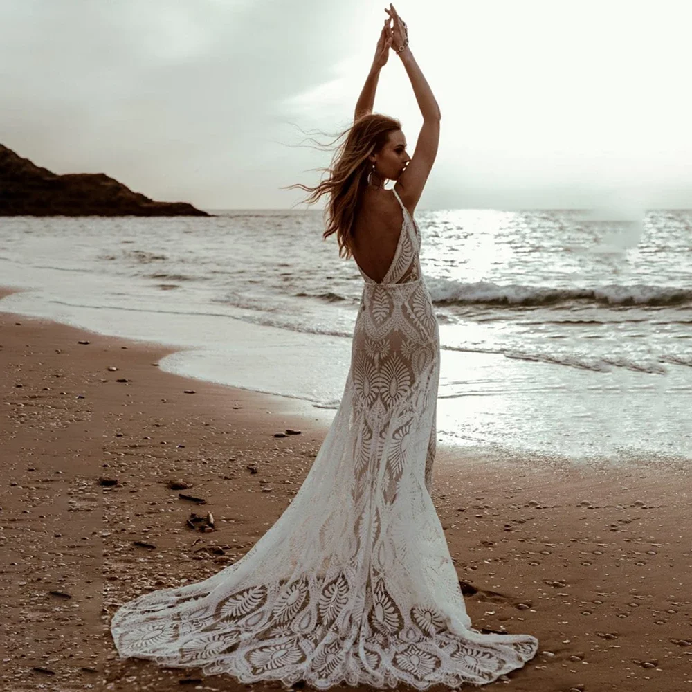 Strand Spitze Spaghetti-trägern Hochzeit Kleid Party Kleider Nach Maß Backless Ziel Tiefe V-ausschnitt Rustikalen Lange Meerjungfrau Braut