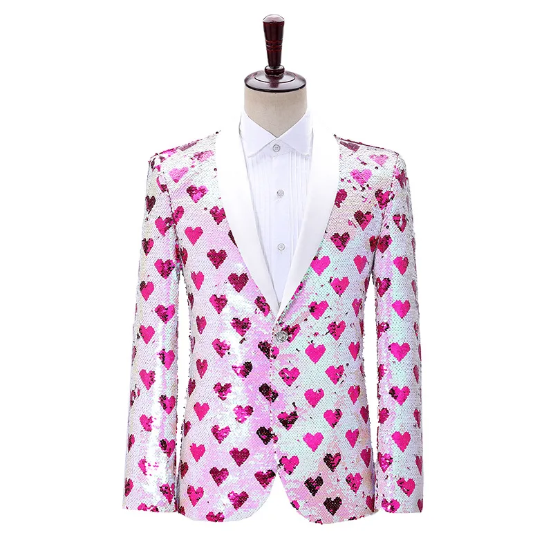 

Shiny Sequin Suit Men Love Print Blazers Suits Jacket Men's Decorated Nightclub Stage Party Male Top DJ Club Singer Clothes