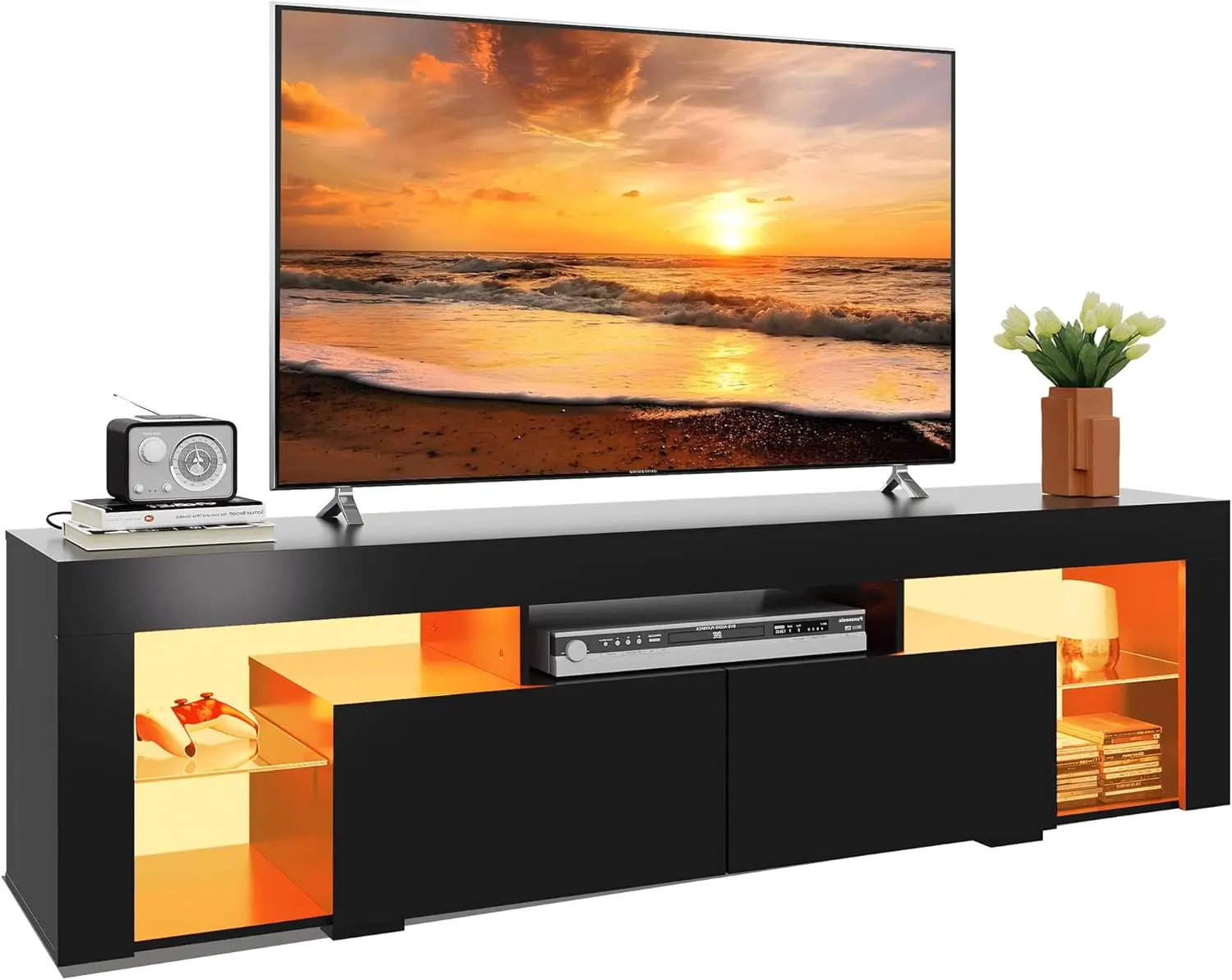 Lowboard für Fernseher bis zu 70", Fernsehtisch für Wohnzimmer, mit offenem Stauraum und 2 Schubladen, Schwarz