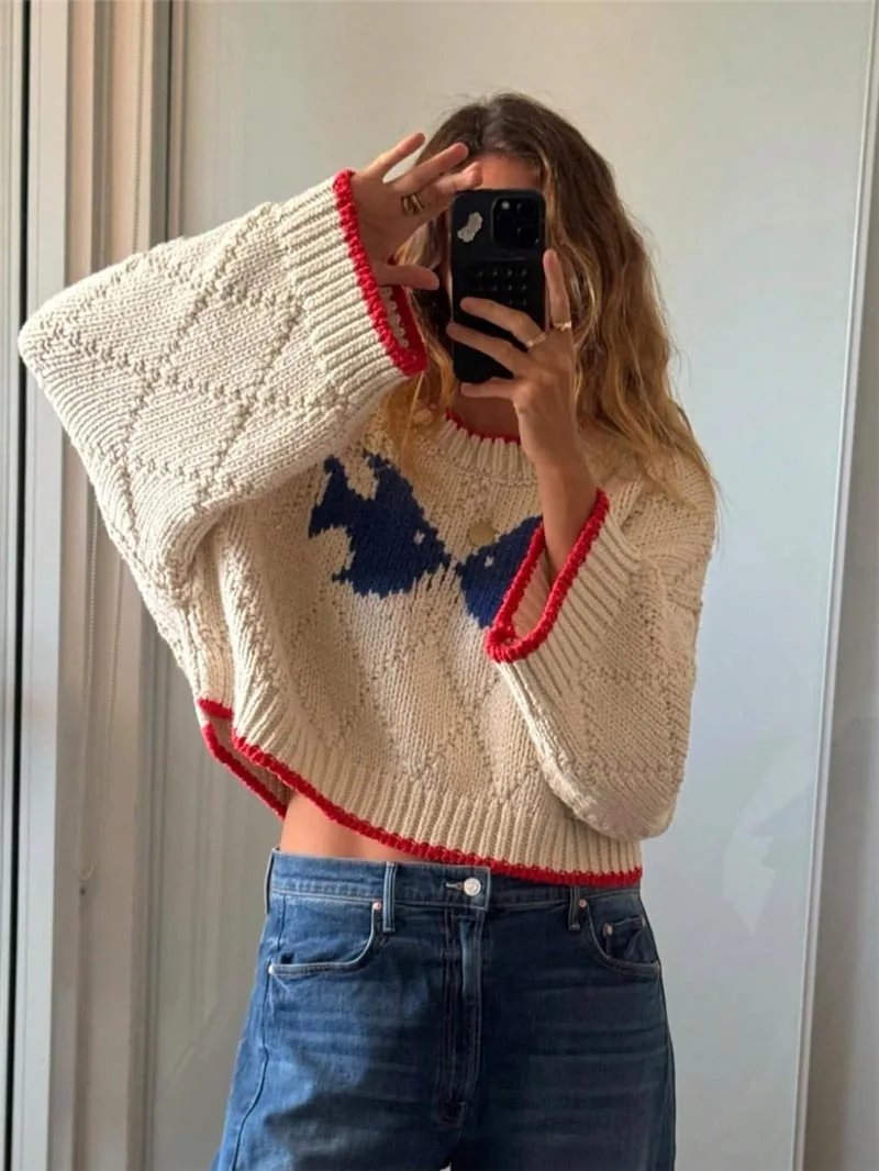 

Fashion Retro Fish Pattern Design Knitted Sweater Women Red Trim O-neck Full Loose Sleeve Autumn Winter Sweaters 2025