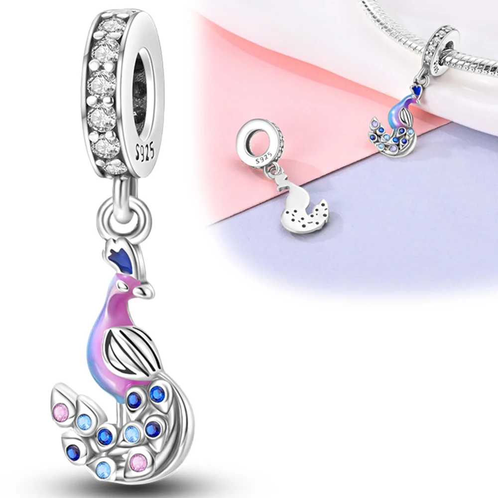 Silver Colour Blue-Purple Peacock Charm Fit Pandora Charms Silver Colour Original Bracelet for Jewelry Making