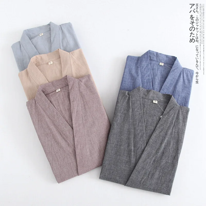 New Water-washed Cotton Thin Pure Color Pajama Set V-Neck Spring Sleepwear Men and Women Japanese Lovers Kimono Home Clothes